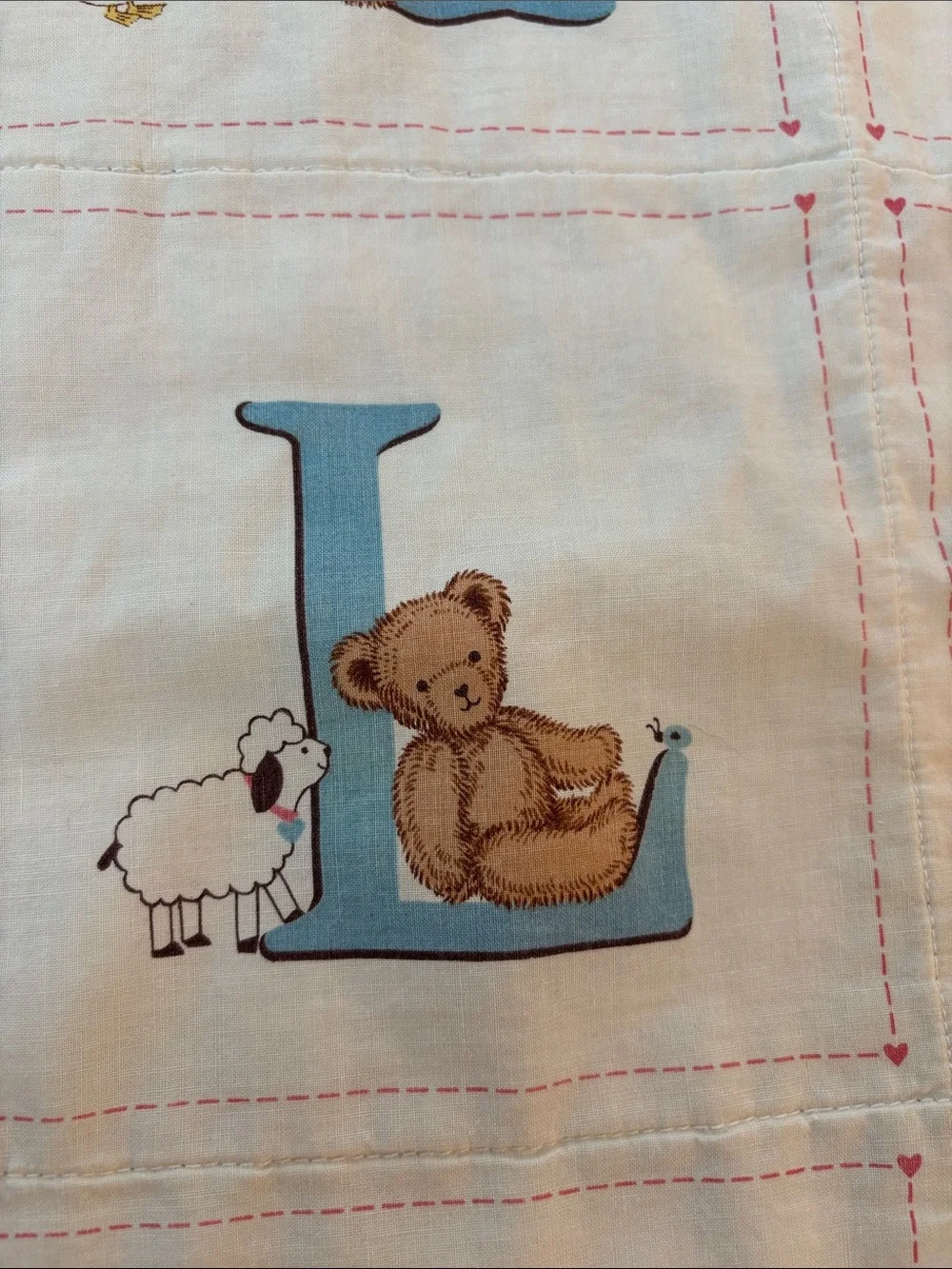 Vintage Handmade Blue Alphabet Teddy Baby Quilt - Adorable Hung on Wall/Display